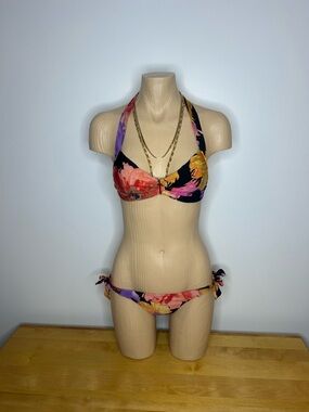 Seafolly Black Floral Halter Bikini with Pink Orange and Purple Blooms❤️XL-M